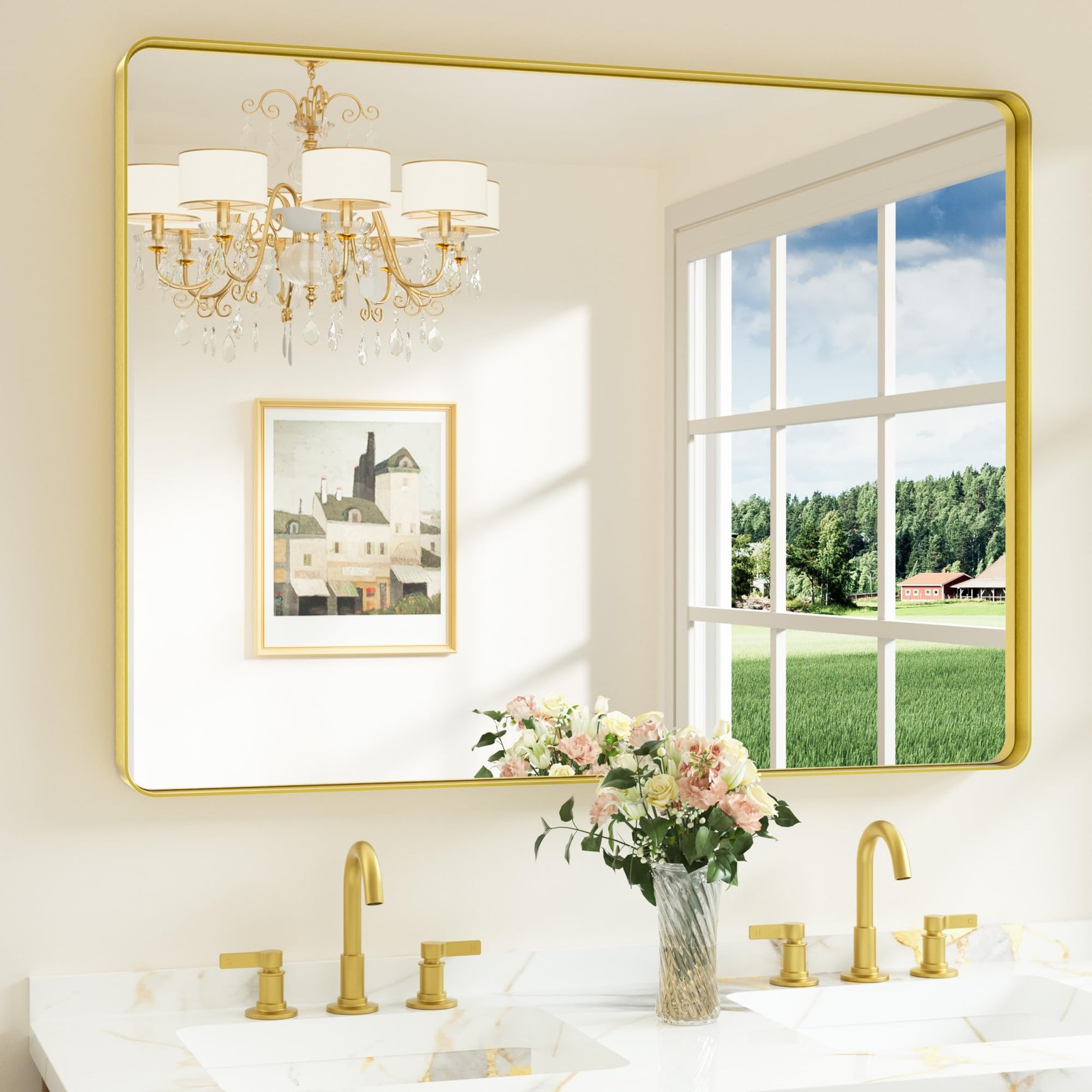 48 x 36 Inch Brushed Gold Bathroom Vanity Mirror, Tempered Glass