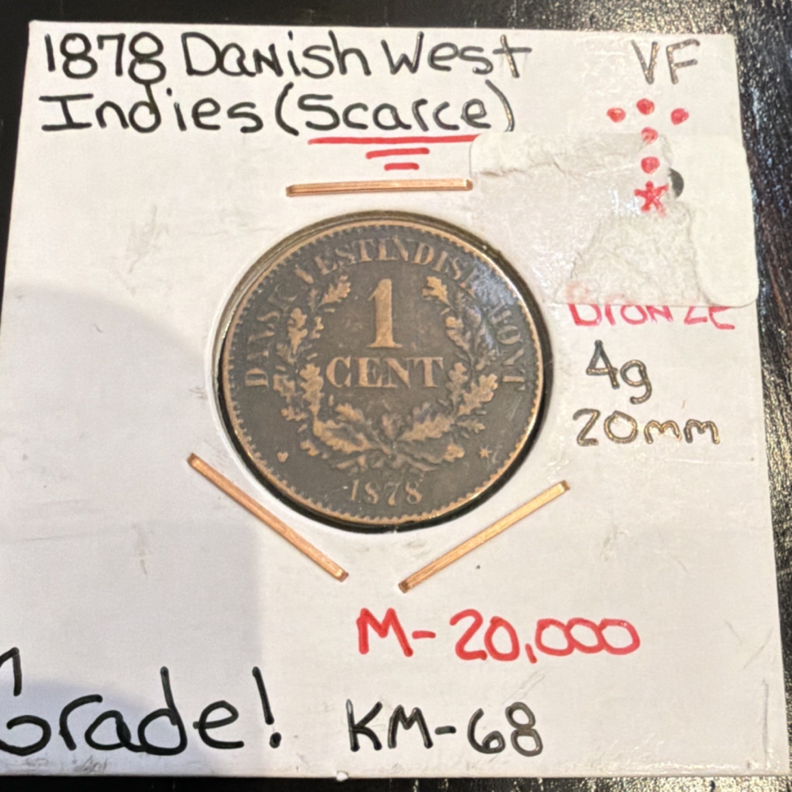 1878 Danish West Indies 1 Cent Bronze Coin BN KM-68 Danish West Indies Variety 1878 Danish West Indies 1 Cent Bronze Coin BN KM-68 Danish West Indies Variety