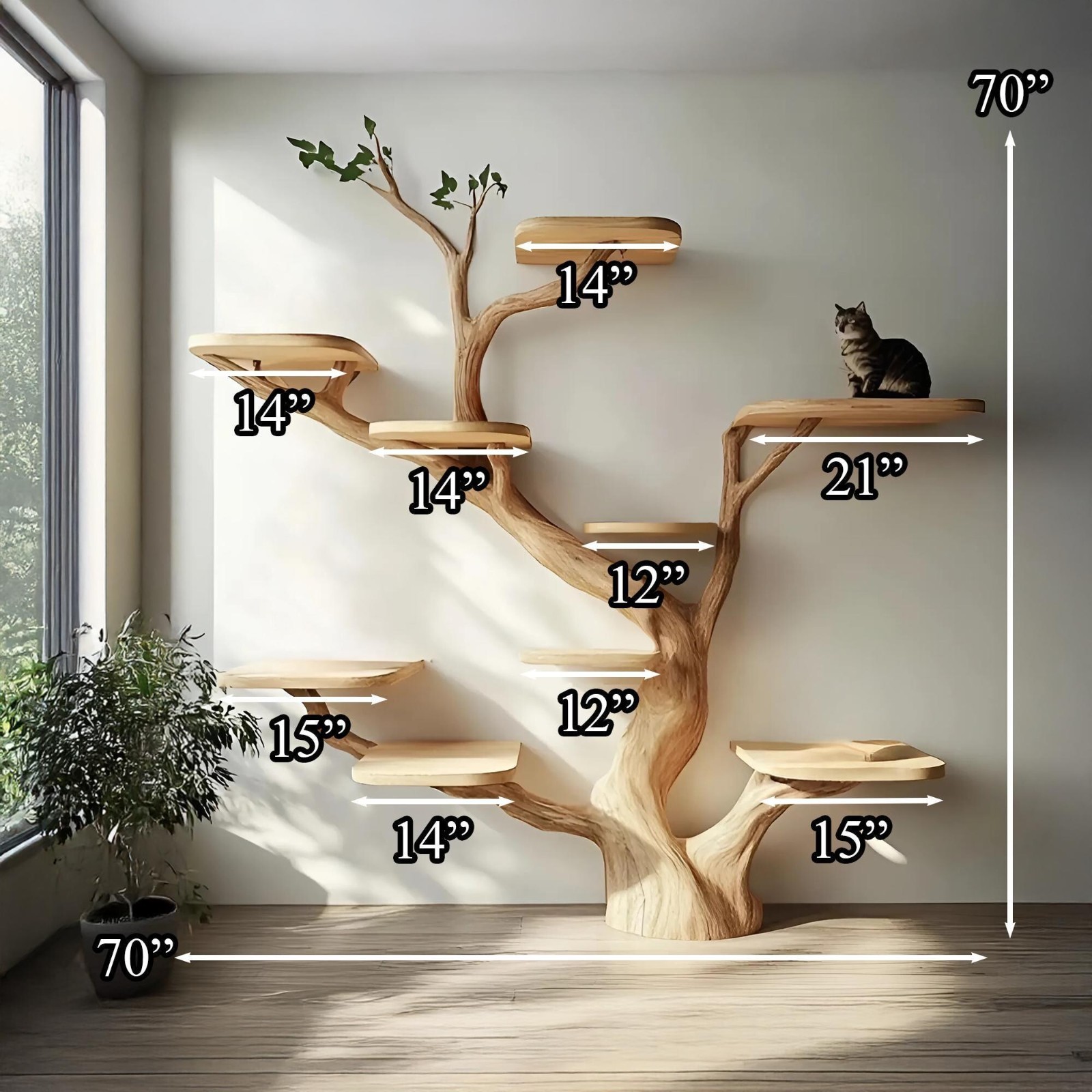 Wooden Tree Shaped Cat Tree, Multi-Level Cat Play Tower, Large Cat Furniture