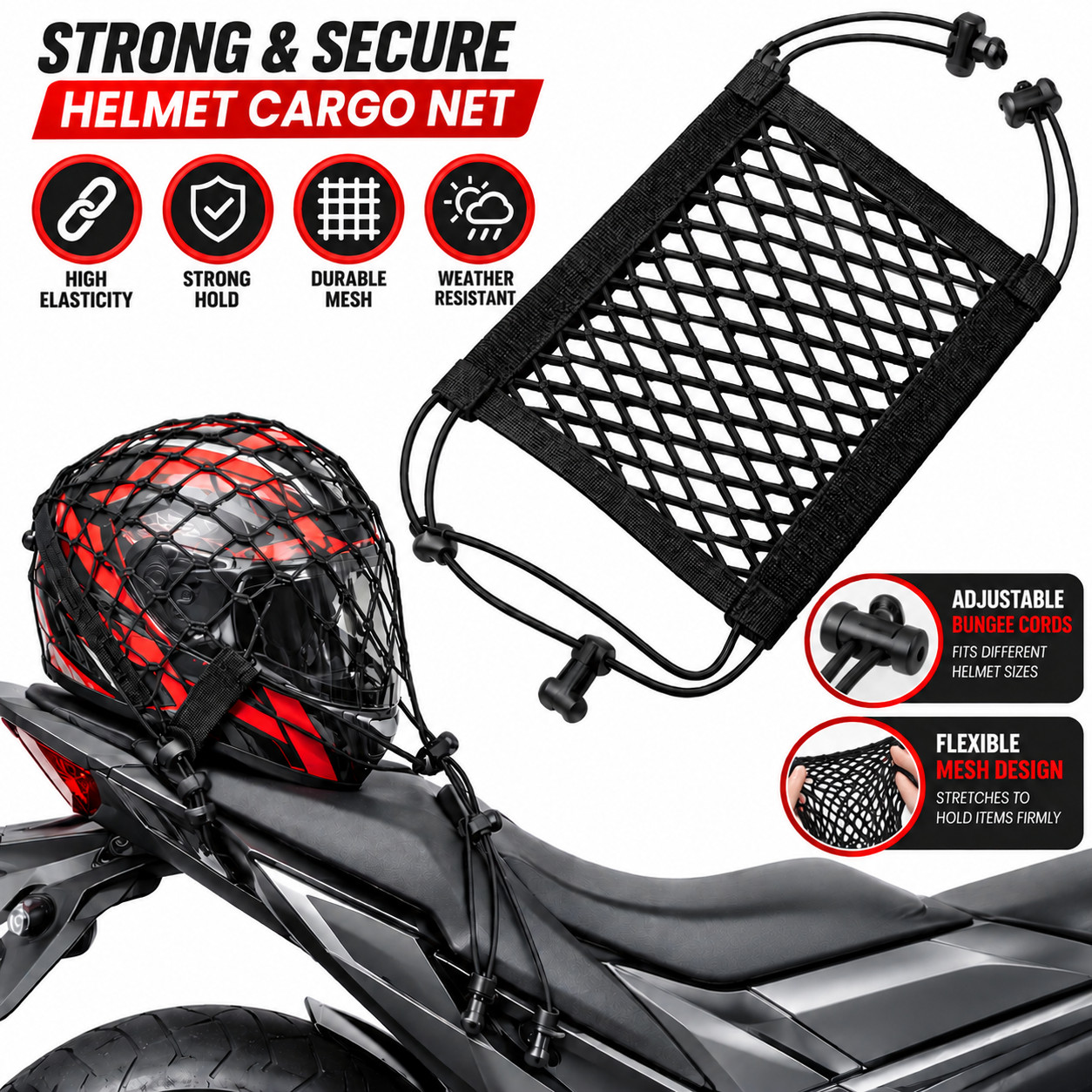 Motorcycle Cargo Net 10x11 Heavy Duty Elastic Bungee Helmet Luggage Net Hooks US