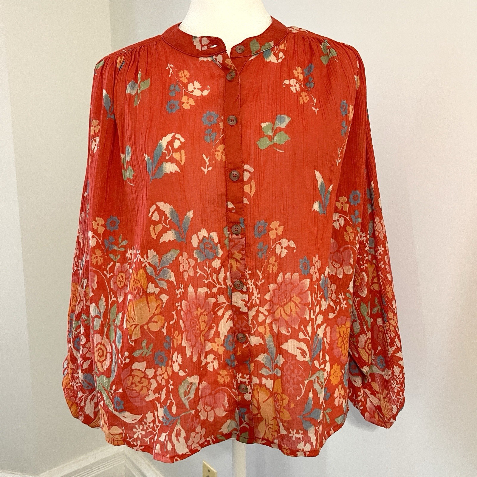 Anthropologie Pilcro Sidney Batwing Blouse Top Floral Button Front Boho Cotton
