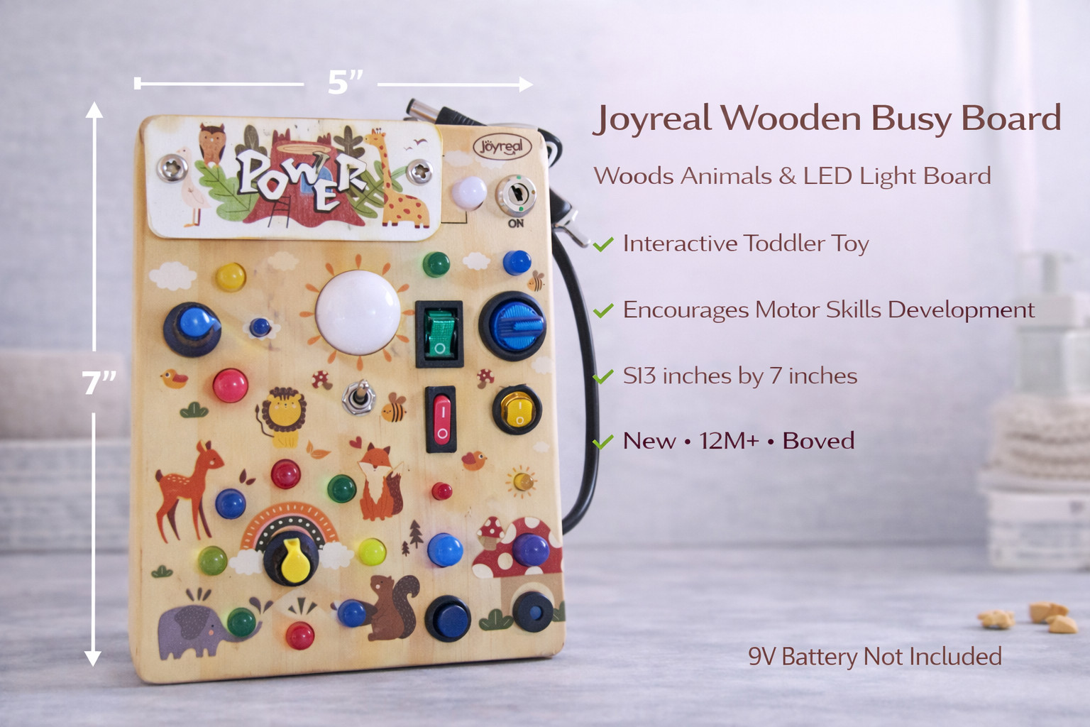 Joyreal Wooden Busy Board Woods Animals LED Light Board Toddler Toys - 12M+
