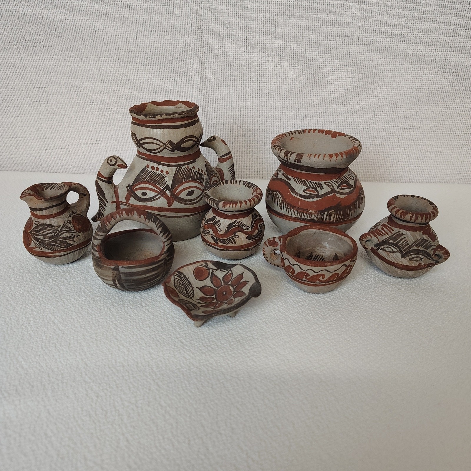 Vintage Mexican Folk Art Mini Pottery 9pc Tonala Style Boho Southwestern Clay