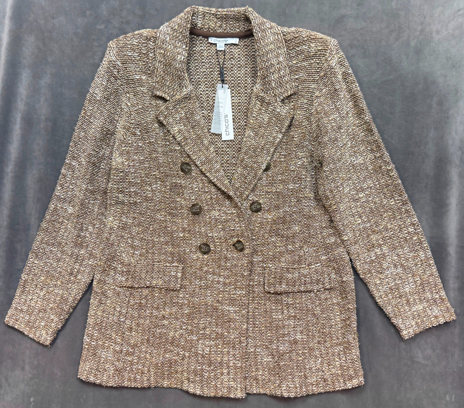 NEW CHICO\'S $160 TWEED DOUBLE BREASTED BLAZER  CARDIGAN SWEATER SZ M