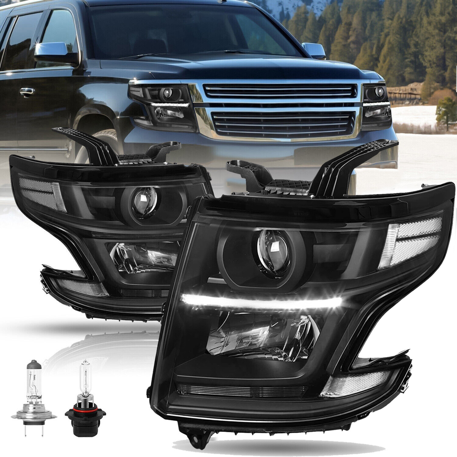 Black Headlights Projector For 2015-2020 Chevy Tahoe Suburban Headlamp w/LED DRL