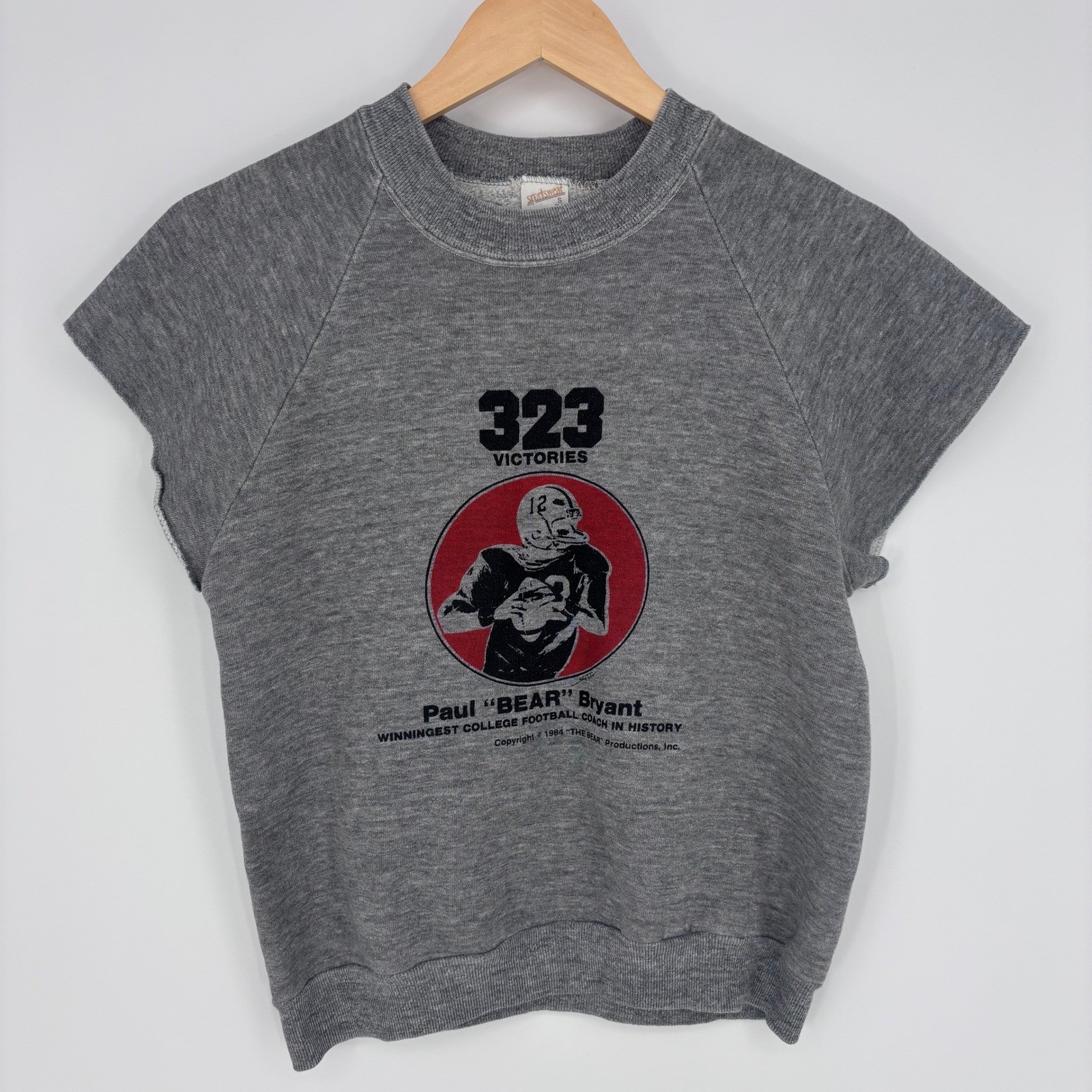 Vtg 80s Bear Bryant Sweatshirt Small 34-36 Cropped Cut Off Sleeves 1984 Alabama