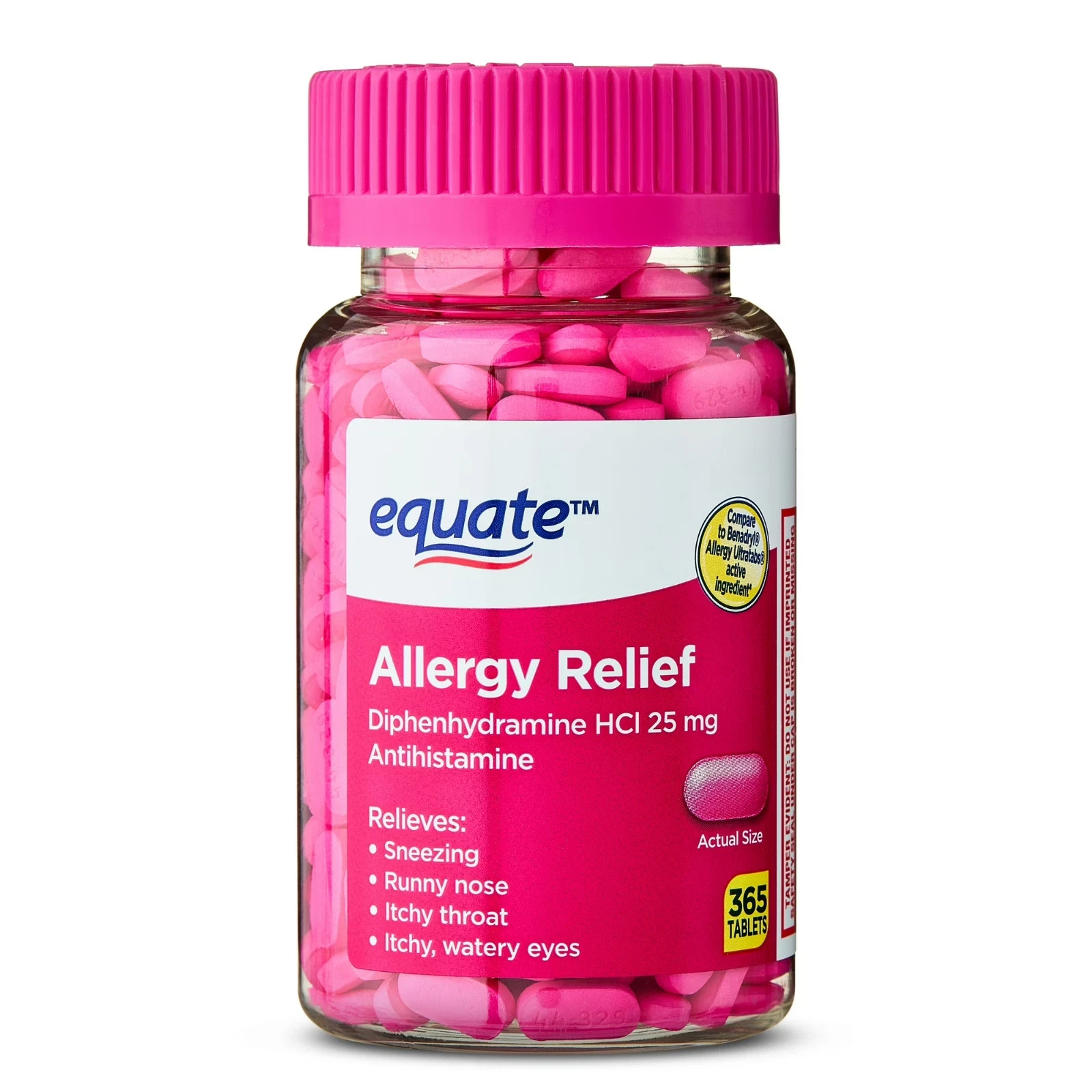 New Equate Allergy Relief Tablets with Diphenhydramine Hcl 25mg, 365 Count New Equate Allergy Relief Tablets with Diphenhydramine Hcl 25mg, 365 Count