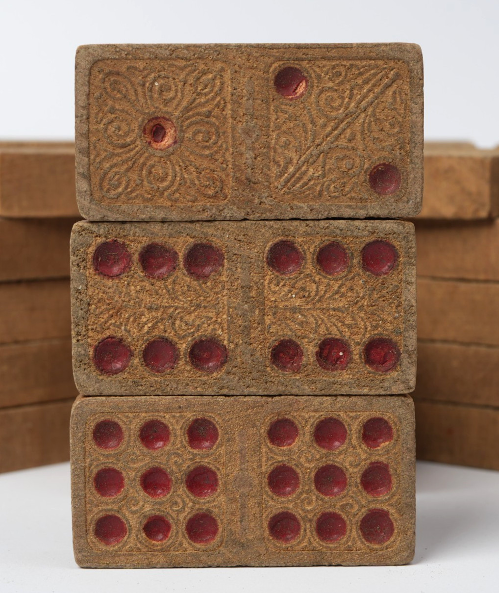 Antique Embossed Wooden Domino Set 40pc Double-Nine Red Dots