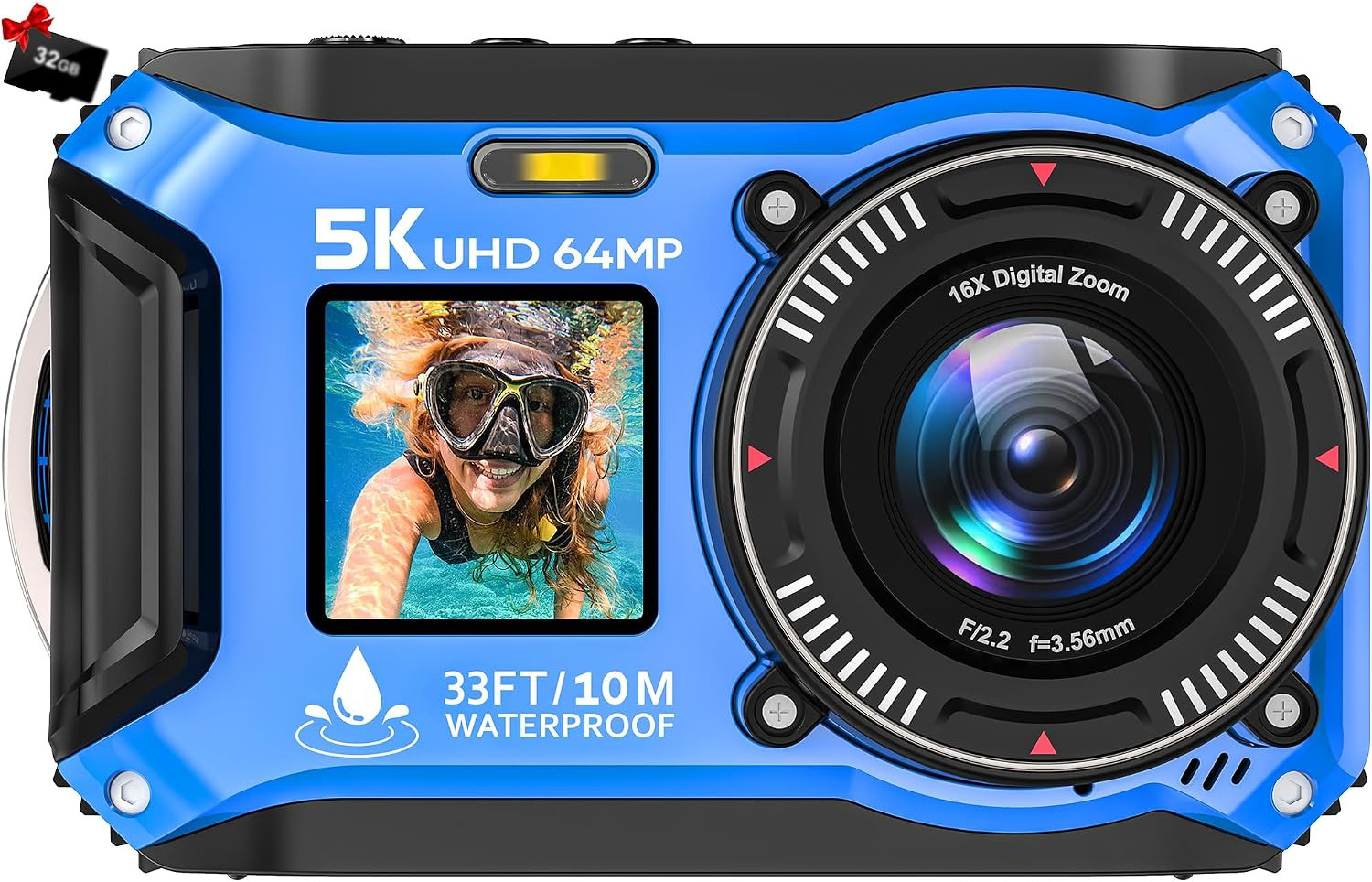 5K Underwater Camera, 33FT Waterproof Camera, 64MP Dual-Screen