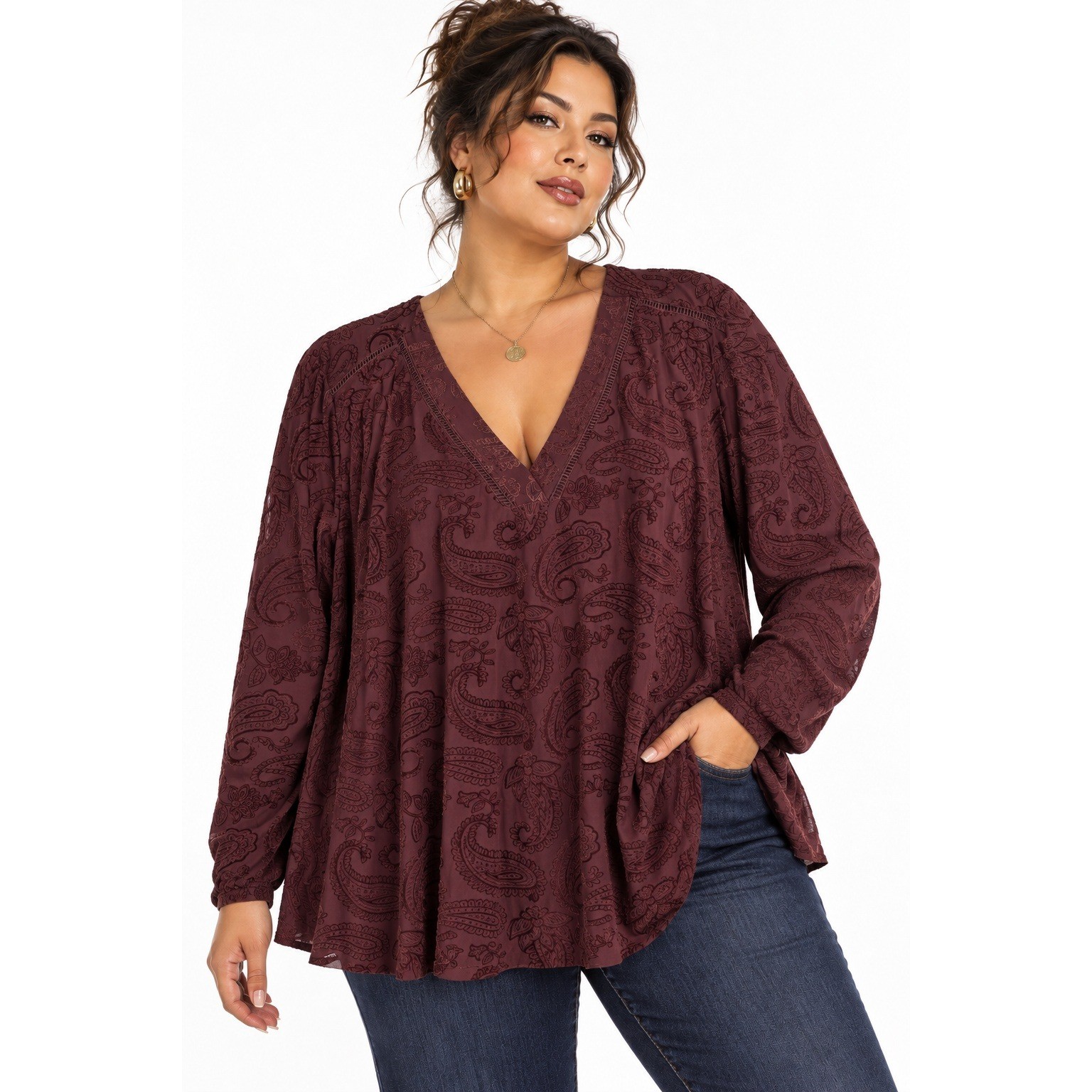 Les Serein Laurie V Neck Knit Top Women 3X Brown Burgundy Paisley NWT