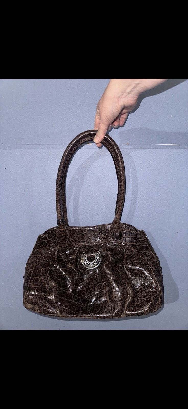BRIGHTON Katarina H32068 Chocolate Croc Embossed Leather Satchel Handbag Purse