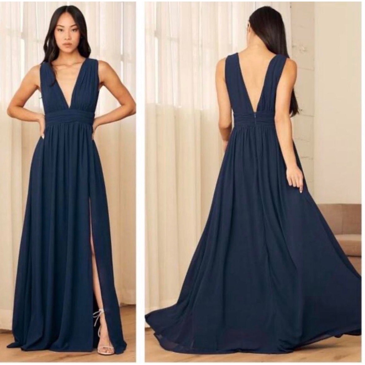 Lulus Chiffon Heavenly Hues Navy Blue Maxi Dress V-Neck Sleeveless Formal Gown