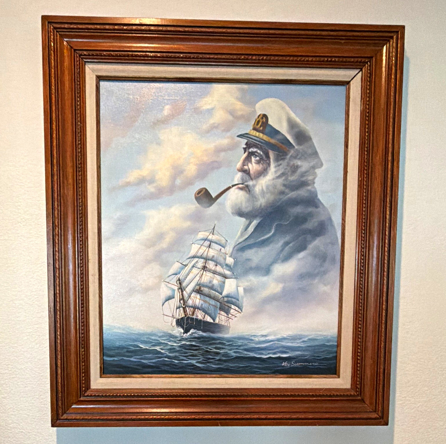 Framed Nautical Maritime Print Portrait Sailor with Sailboat Ship at Sea