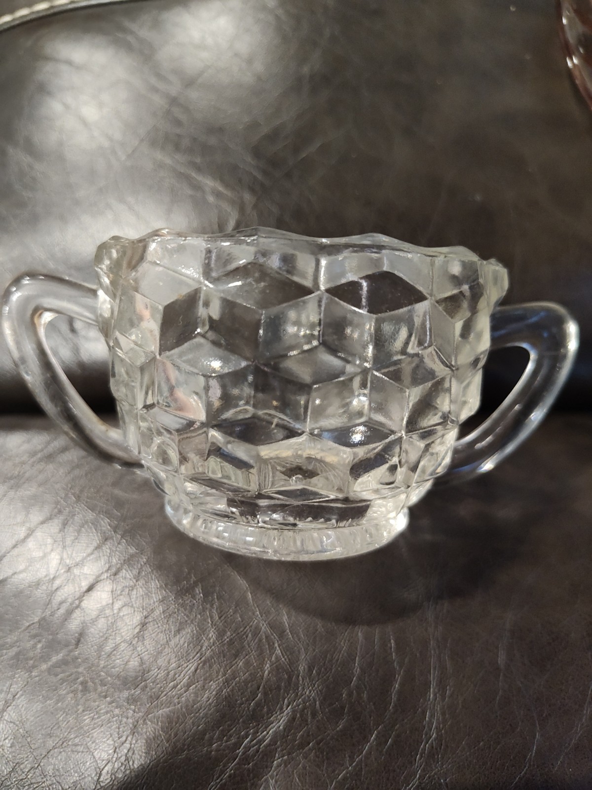 Vintage Fostoria PressedCubed Glass American Clear Open Sugar Bowl with Handles