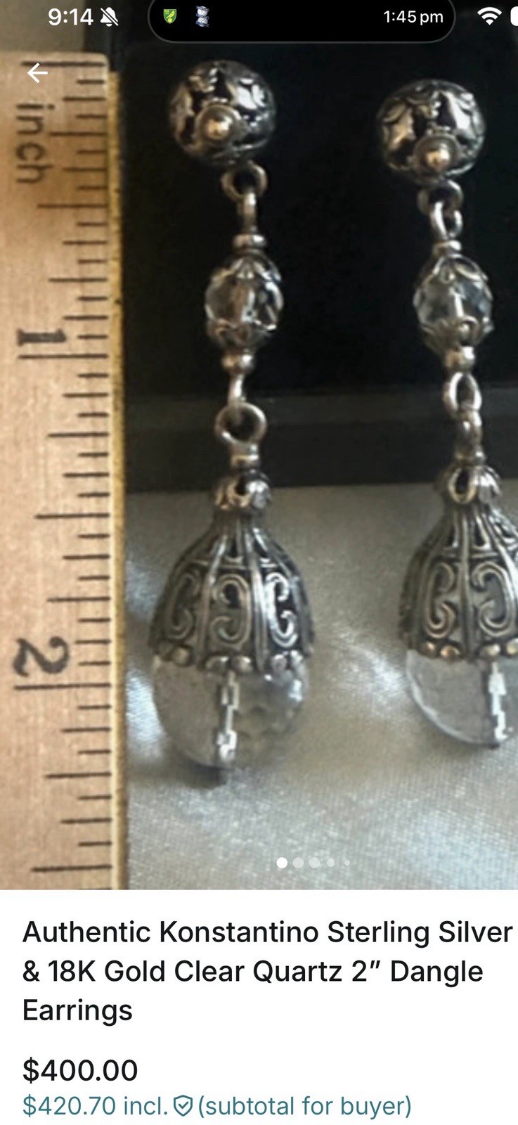 Authentic Konstantino sterling silver 925 & 18k gold clear Quartz 2” Dangle.
