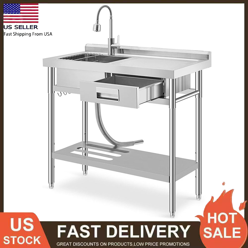 39.4x19.7x38.6'' Stainless Steel Commercial Utility Sink Single Bowl with Drawer