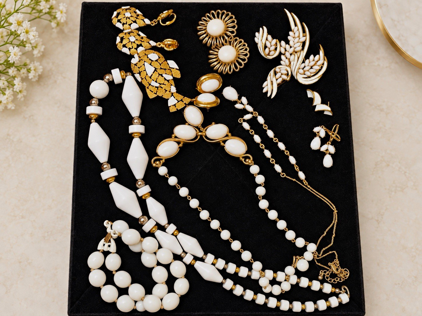 Vintage Signed White Milk Glass Jewelry Lot Trifari Emmons ART Gold Tone