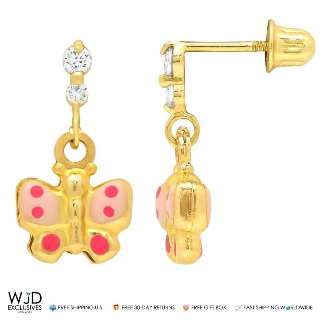 0.20Ct CZ Butterfly Dangle Earrings 14K Yellow Gold 0.6\