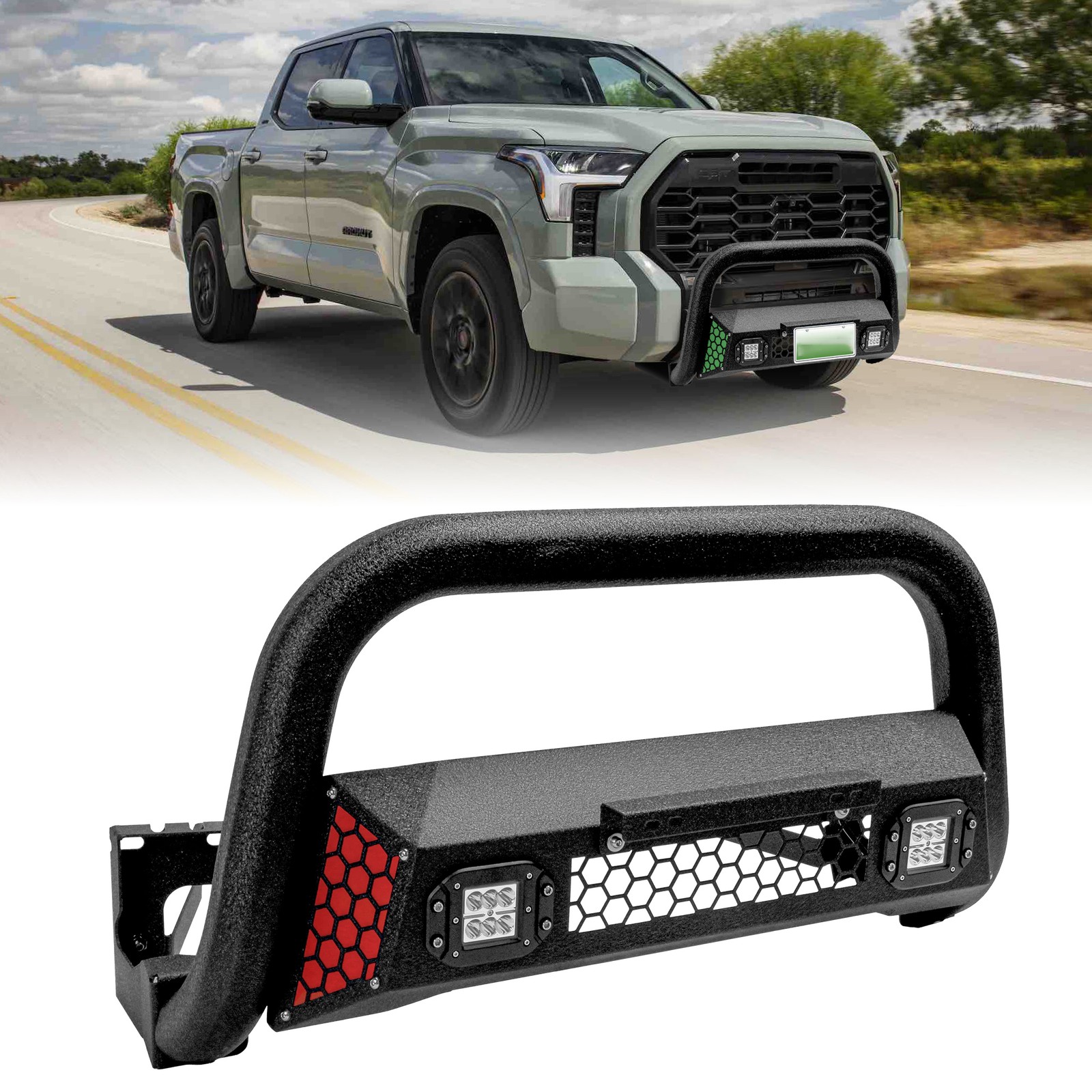 Fits 2022 to 2025 Toyota Tundra Bull Bar w/ LED Light & w/ License Plate Bracket