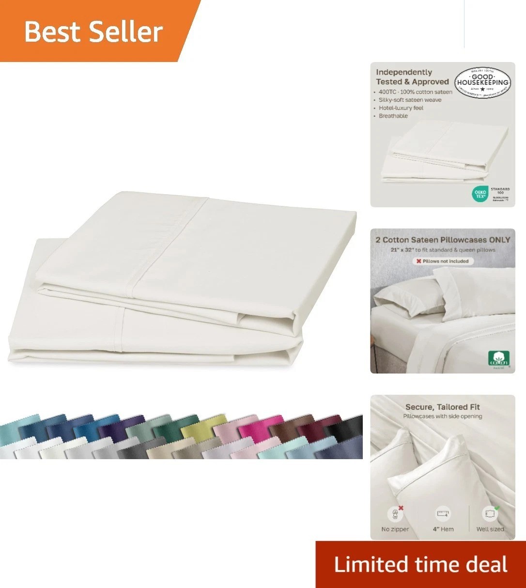 Elegant Ivory Queen Pillowcases | 2-Pack 100% Cotton Sateen, Breathable Comfort