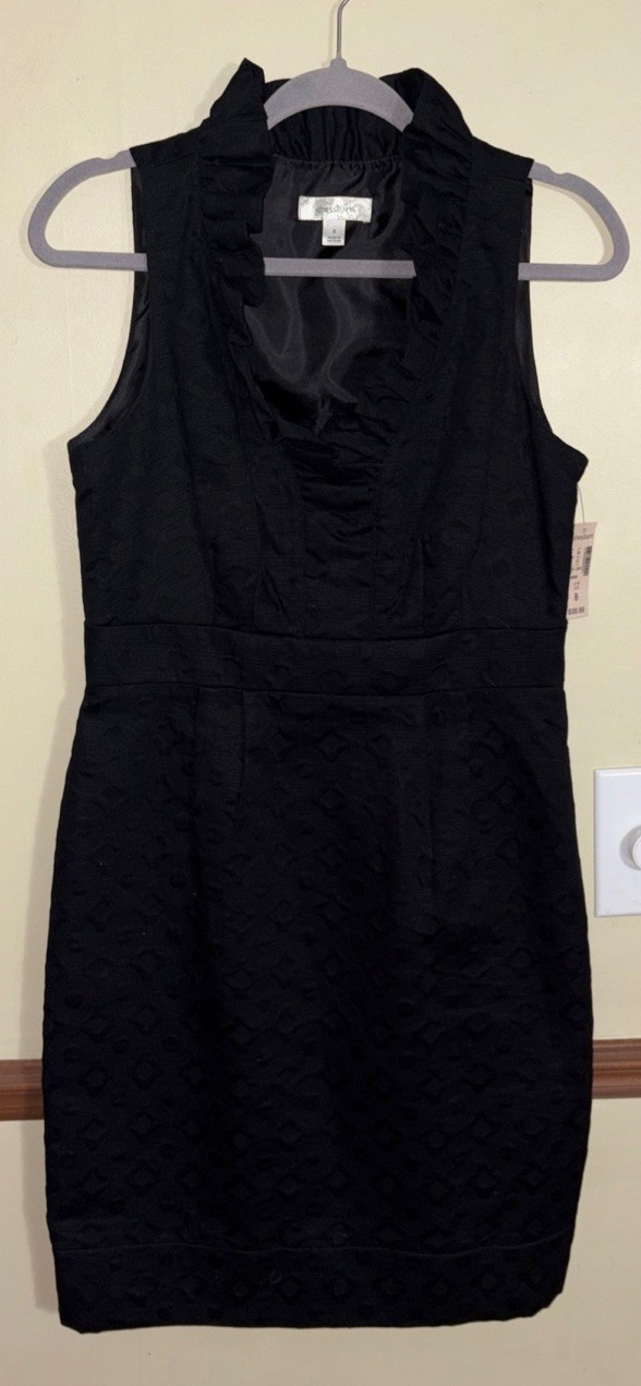 Dress Barn Pattern Black Sleeveless Ruffled Neck Formal Cocktail Dress Sz 8 NWT