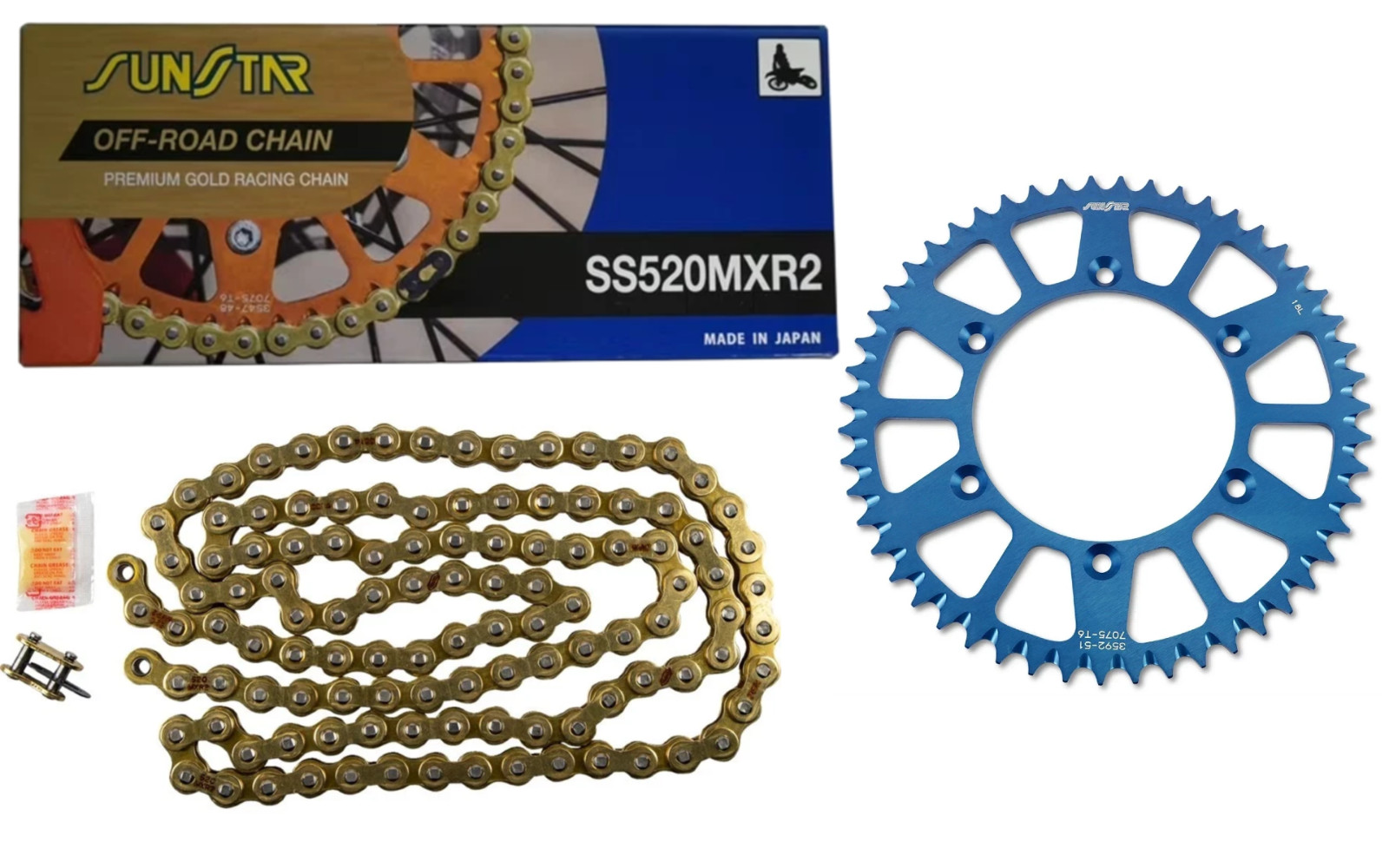 Sunstar Rear Sprocket /Gold Chain 51 TOOTH Blue Yamaha YZ125 YZ250 YZ250F YZ450F