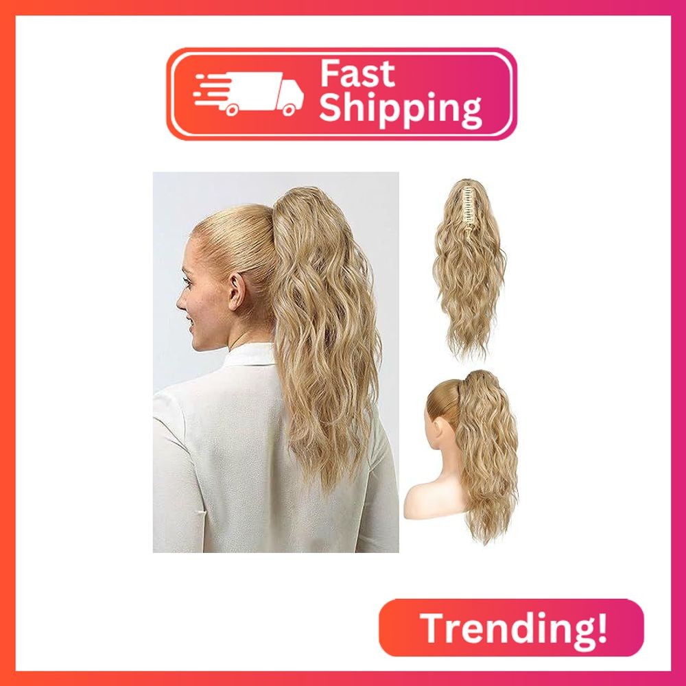 Flufymooz Ponytail Extension, 18Inch Claw Clip Ponytail Extension, Wavy Curly Cl