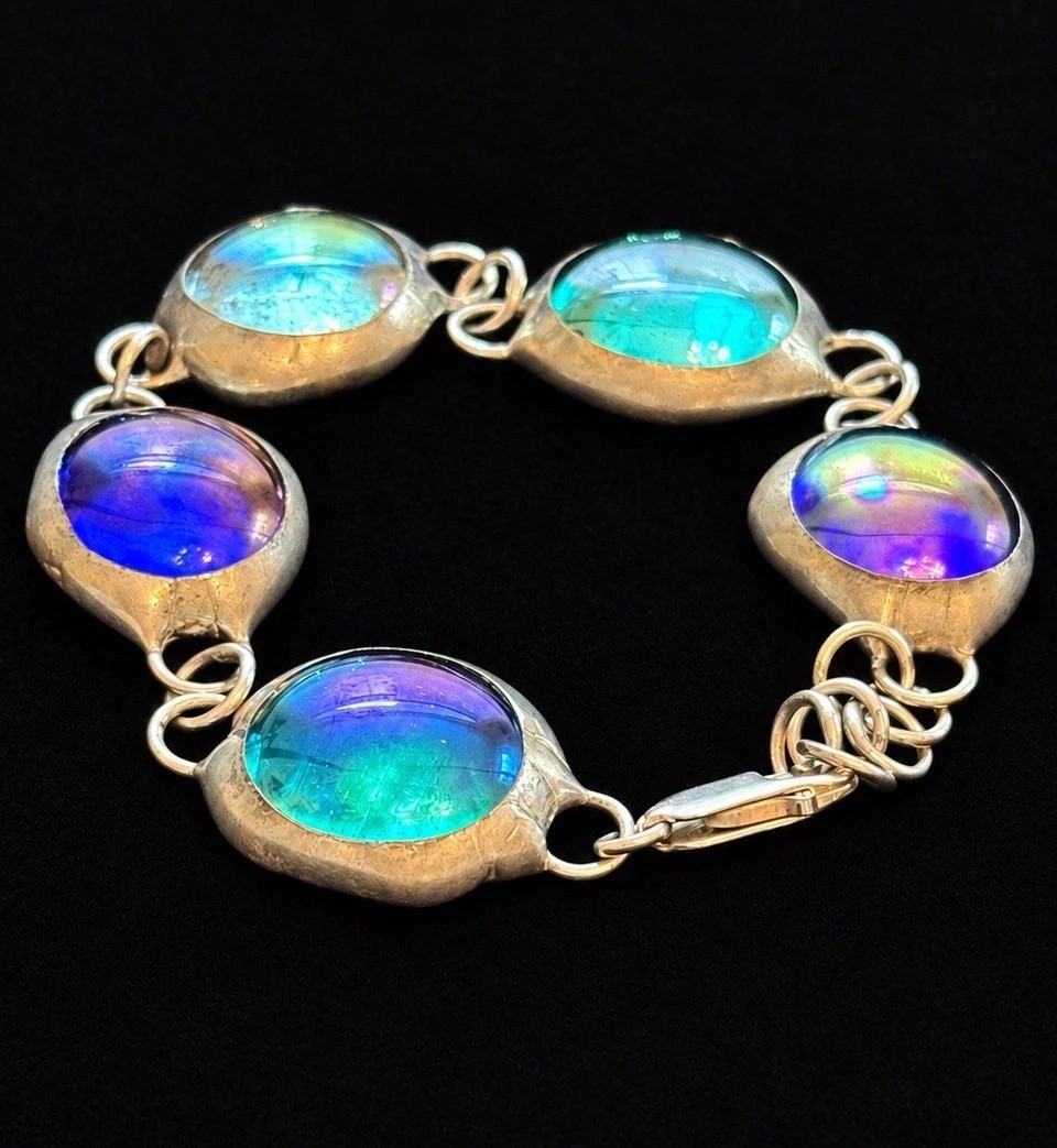 Stunning VTG  925 Sterling Silver Dichroic Art Glass Cabochon Link Bracelet