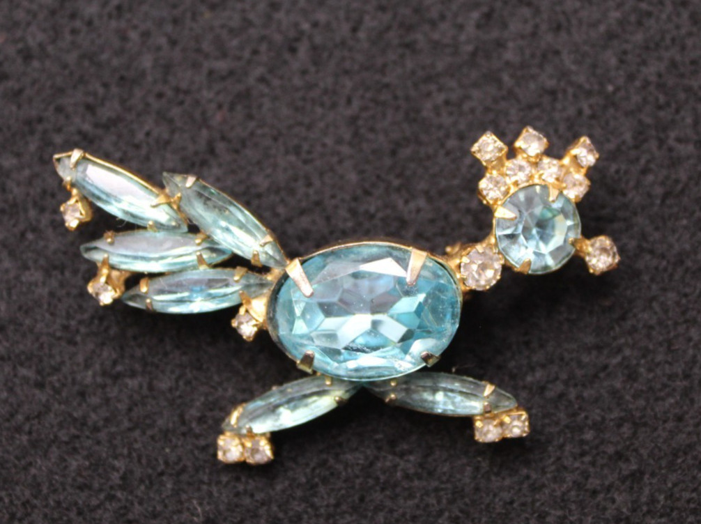 Vintage Crown Bird Gold Tone Blue Stones Rhinestones Wire Wrap