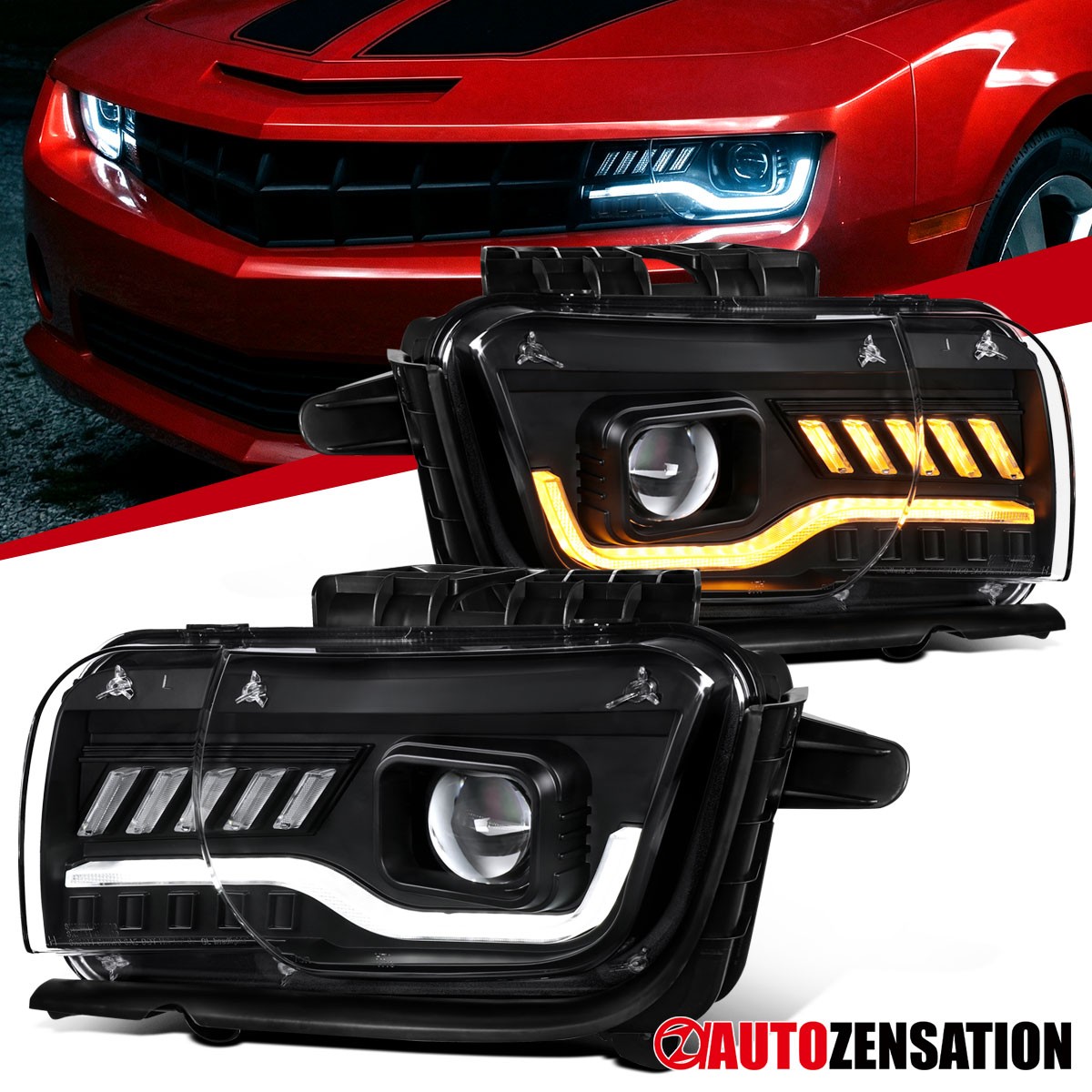 Black Fit 2010-2013 Chevy Camaro Switchback LED DRL Projector Headlights Lamps