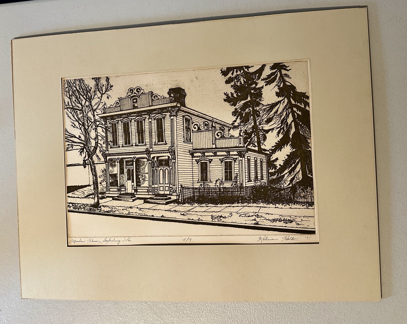 Katrina Halter signed etching of Mershon House, Stroudsburg, Pa.