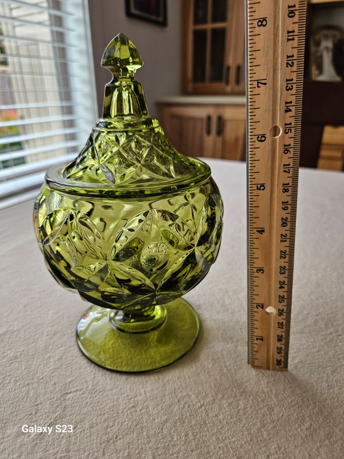 VTG Fostoria (HFM) Argus olive green candy compote dish w/ lid - EXCELLENT