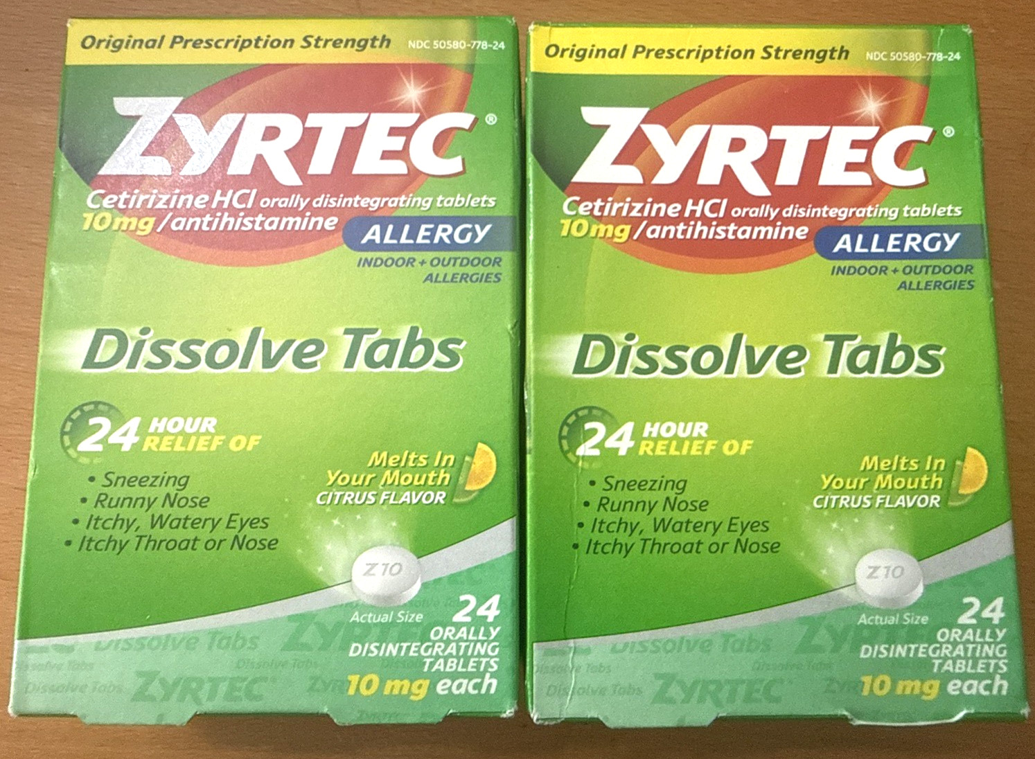 2 Zyrtec Allergy Dissolve Tab 24Hr Relief Cetirizine HCl Citrus 24/ct Exp: 09/27 2 Zyrtec Allergy Dissolve Tab 24Hr Relief Cetirizine HCl Citrus 24/ct Exp: 09/27