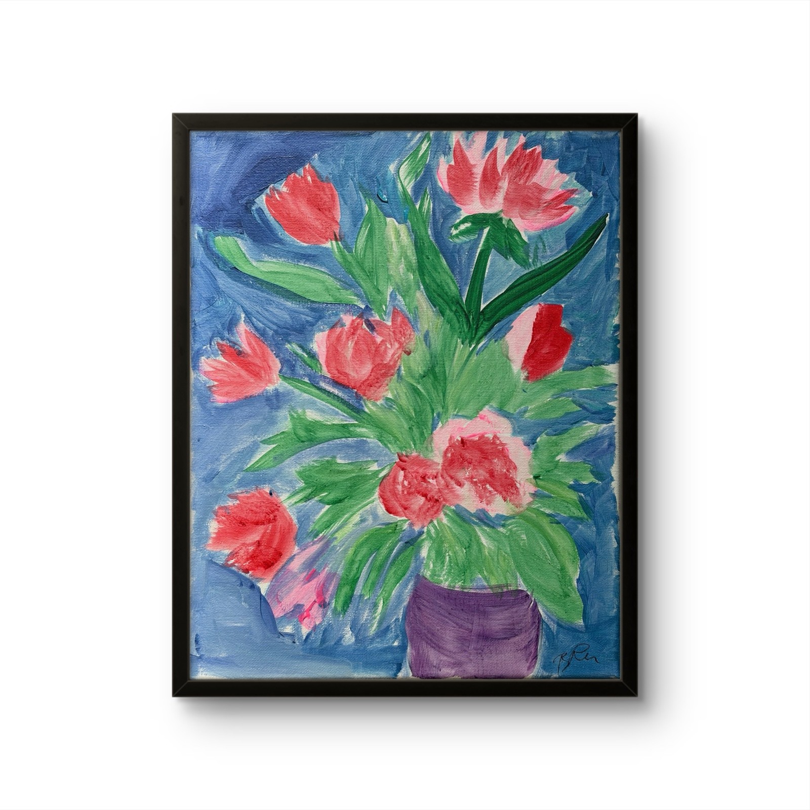 B.Perry Original 14x11 Impressionist Tulips Bouquet Vase Painting Signed Canvas