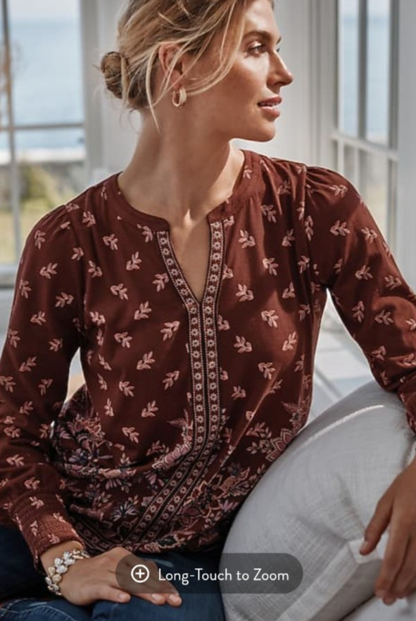 J. Jill Women\'s Burnt-Sienna-Brown Floral Cotton Bl. Smocked Sleeve Knit Top L