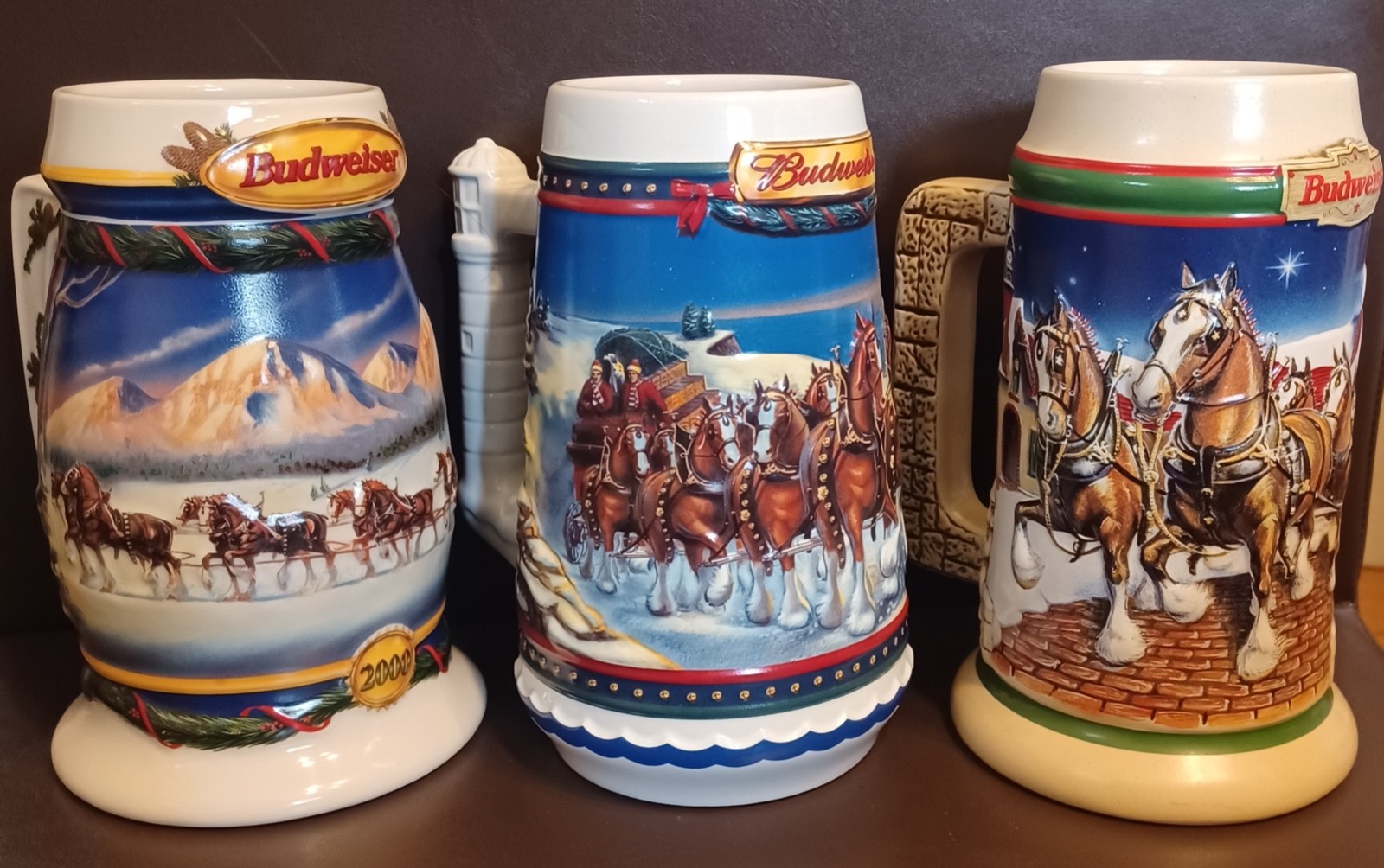 Three Vintage Budweiser Beer Steins, 1998, 2000, 2002, Clydesdales In Snow