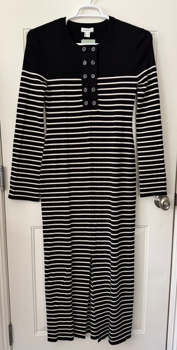 H&M Edition Long Rib Knit Maxi Dress M Black White Striped NWT Button Slit