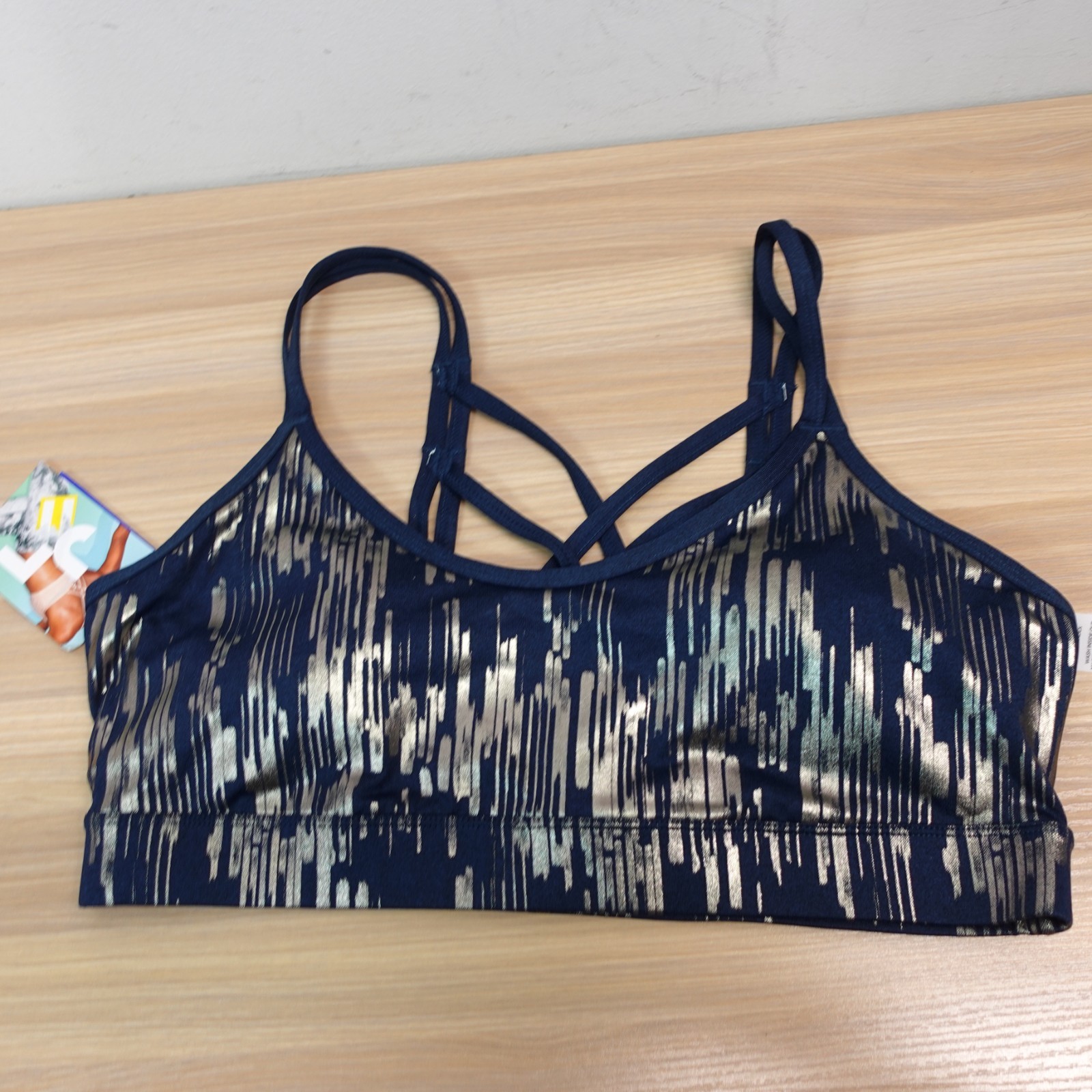 JoyLab Sports Bra XL Womens Blue Gold Metallic Streak Strappy Low Impact NEW