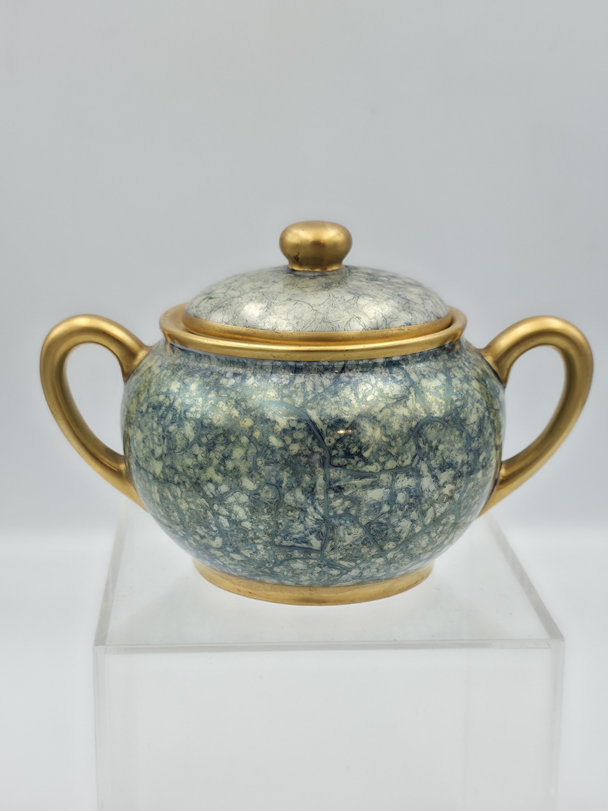 Vintage Pickard RS Germany  Green Speckle Sugar Bowl W Lid Double Handles