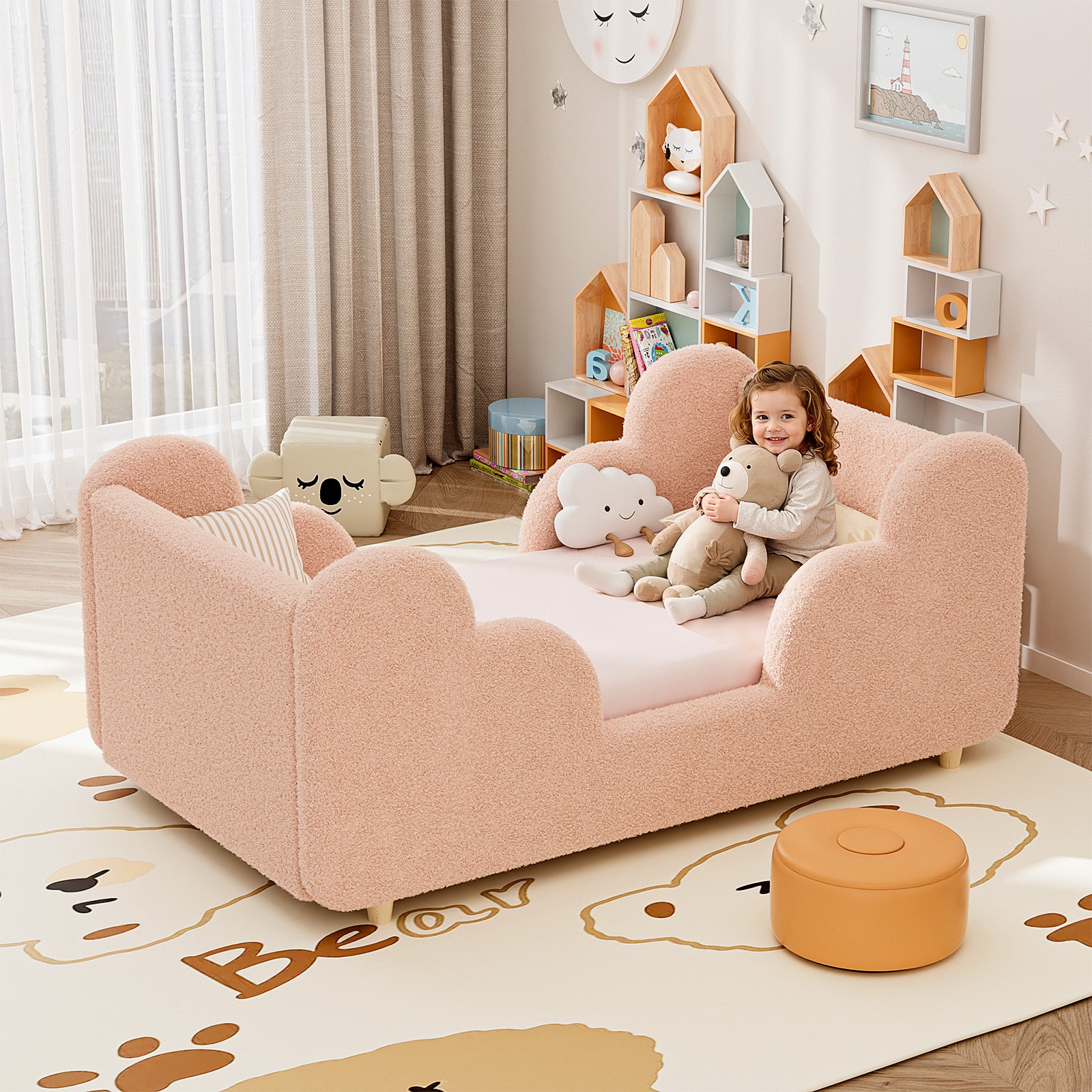 Low-profile kids bed with soft teddy fleece safe cozy max load capacity: 150kg.