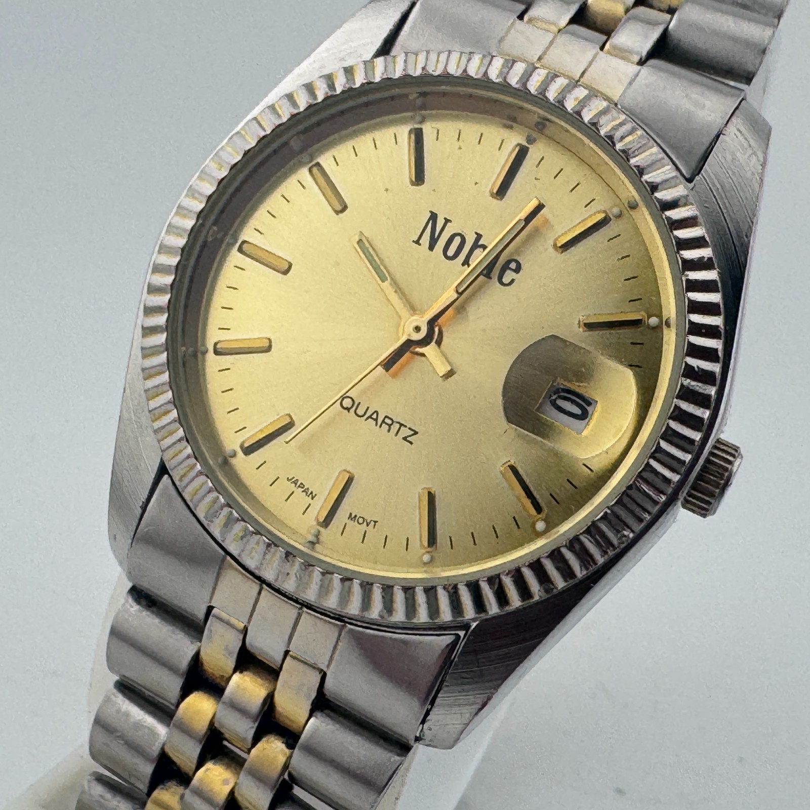 VTG Noble Japan Quartz Watch Men Dual Tone Fluted Bezel Date New Battery 7.75\