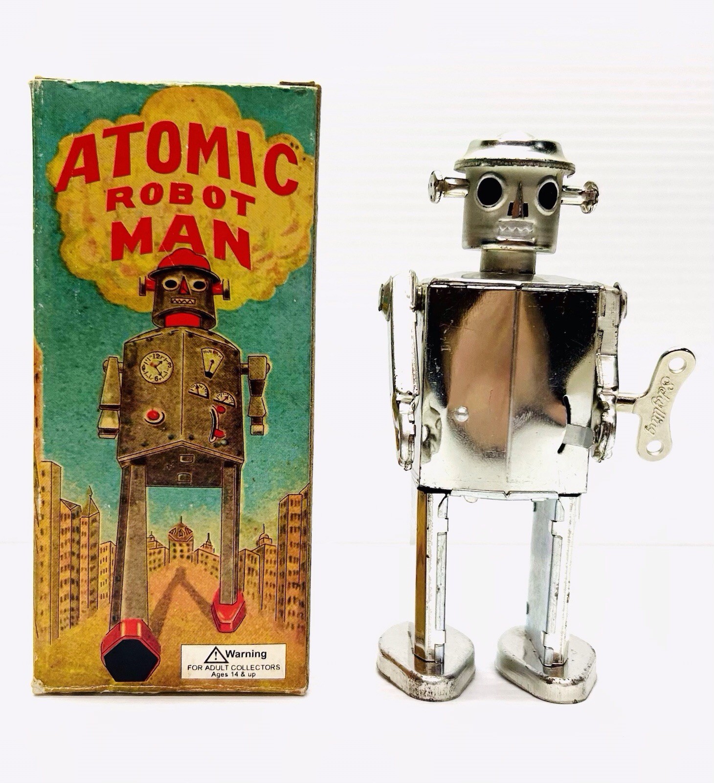 Schylling ATOMIC ROBOT MAN Working Wind Up Tin Toy with Original Box