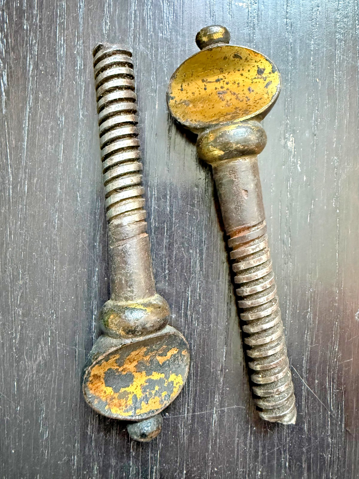 Antique Victorian Coffin Thumbscrews Pair Japanned Gilt 19th Century