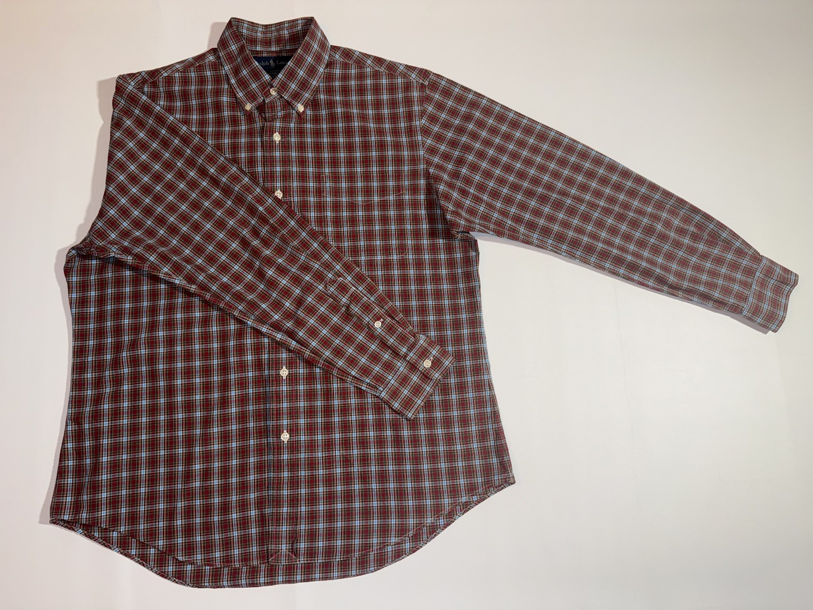 VTG Ralph Lauren Men\'s Large Checkered Plaid Custom Fit Dress Shirt 100% Cotton