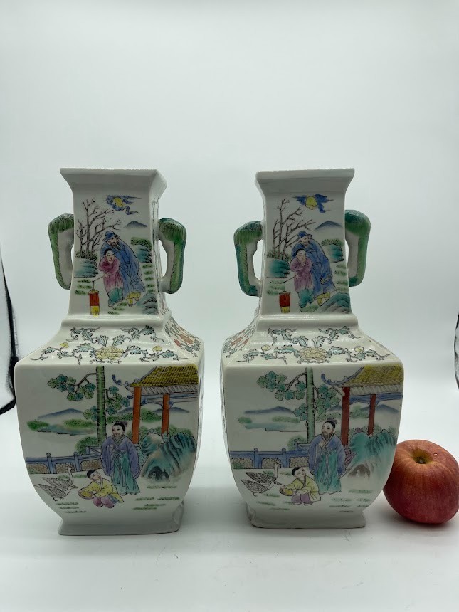 Pair of Chinese Famille Rose Porcelain Square Vases with Figural SceneF