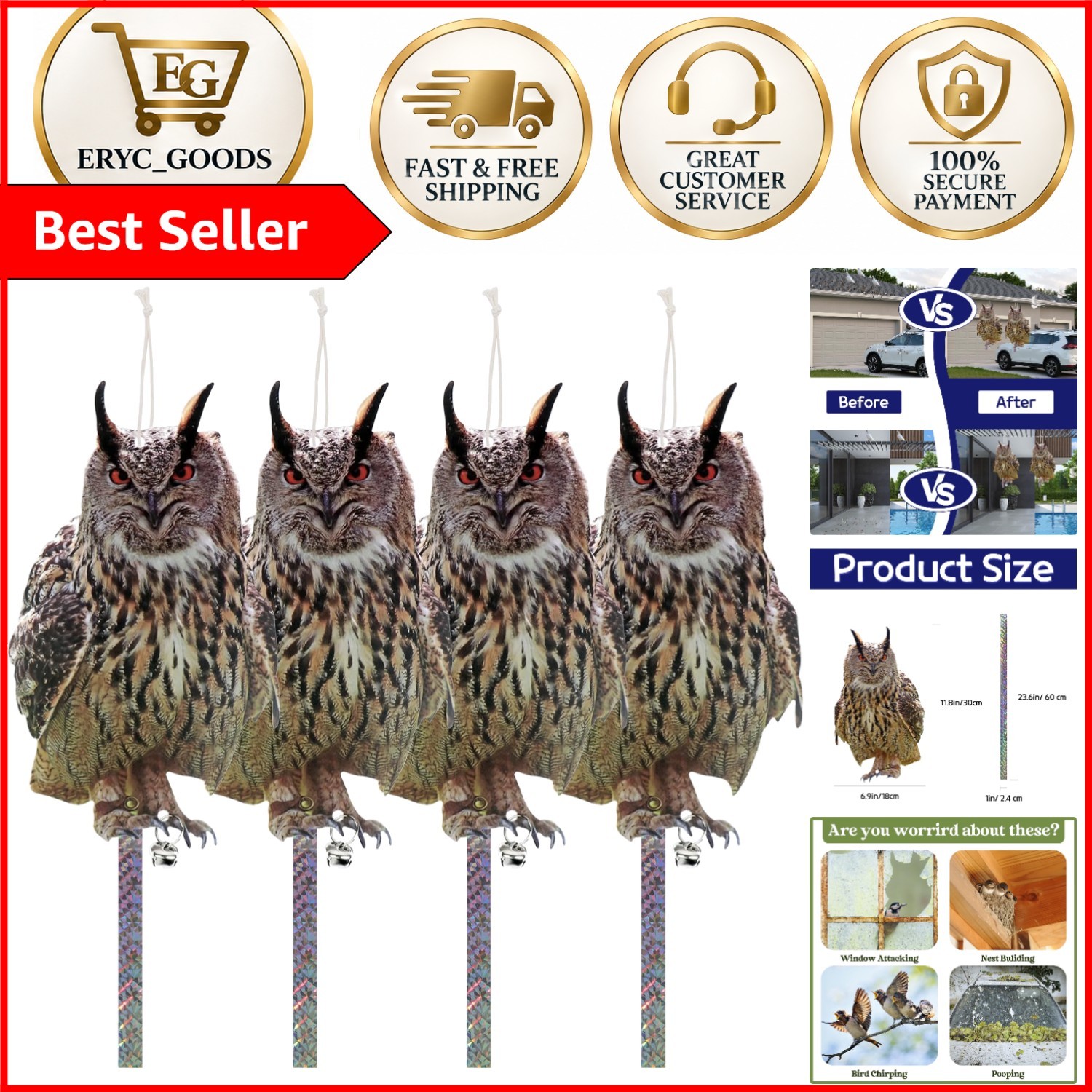 Elegant Black Plastic Owls for Garden Decoration - 4PC Set for Pest Control Elegant Black Plastic Owls for Garden Decoration - 4PC Set for Pest Control