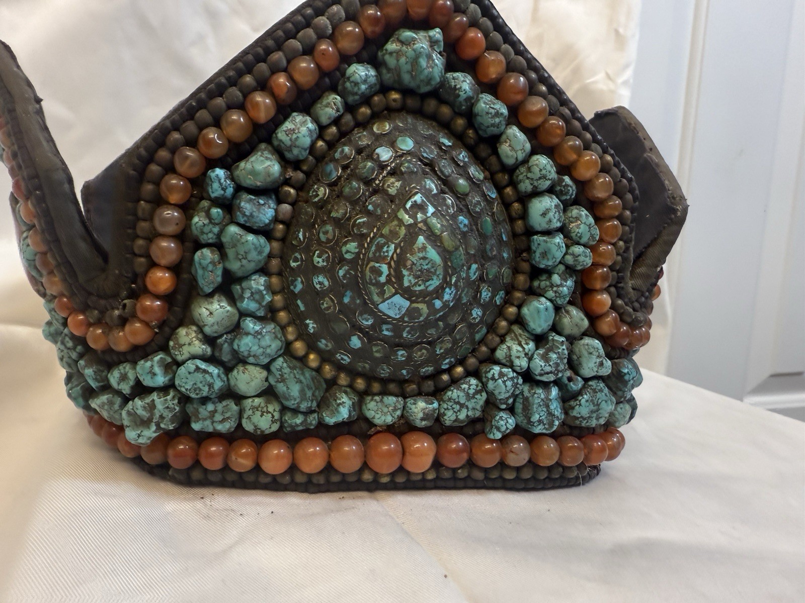 Antique -old, Tibetan Buddhist  Perak hat  with Turquoises Ladakh