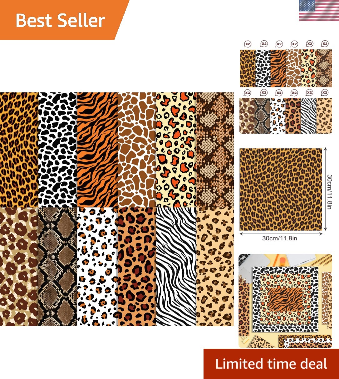 African Safari-Themed 24 Sheet Scrapbook Paper Pad with Tiger, Giraffe & More