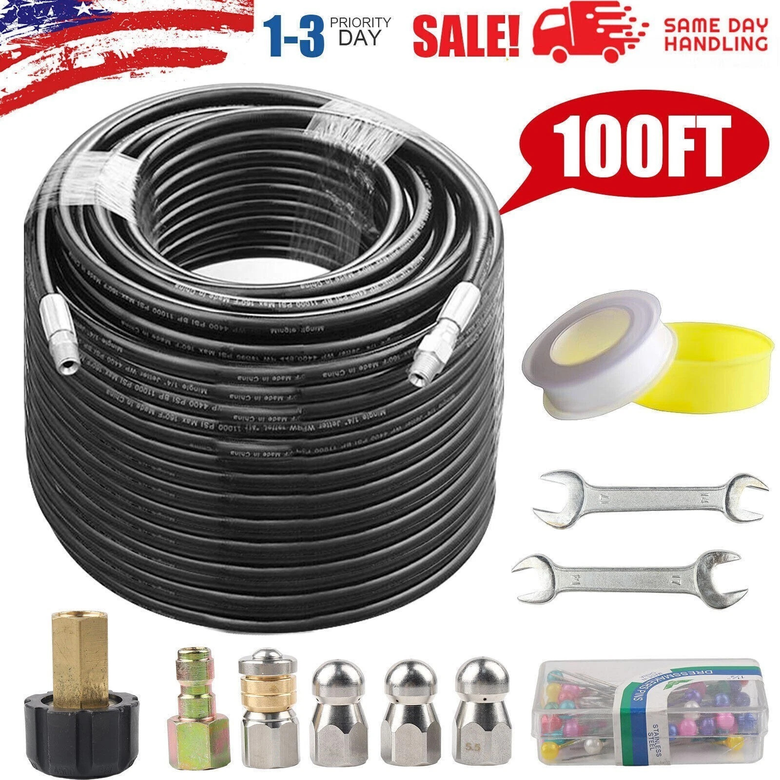 100FT Sewer Jetter Nozzles Kit Drain Cleaning Hose for Pressure Washer 5800PSI