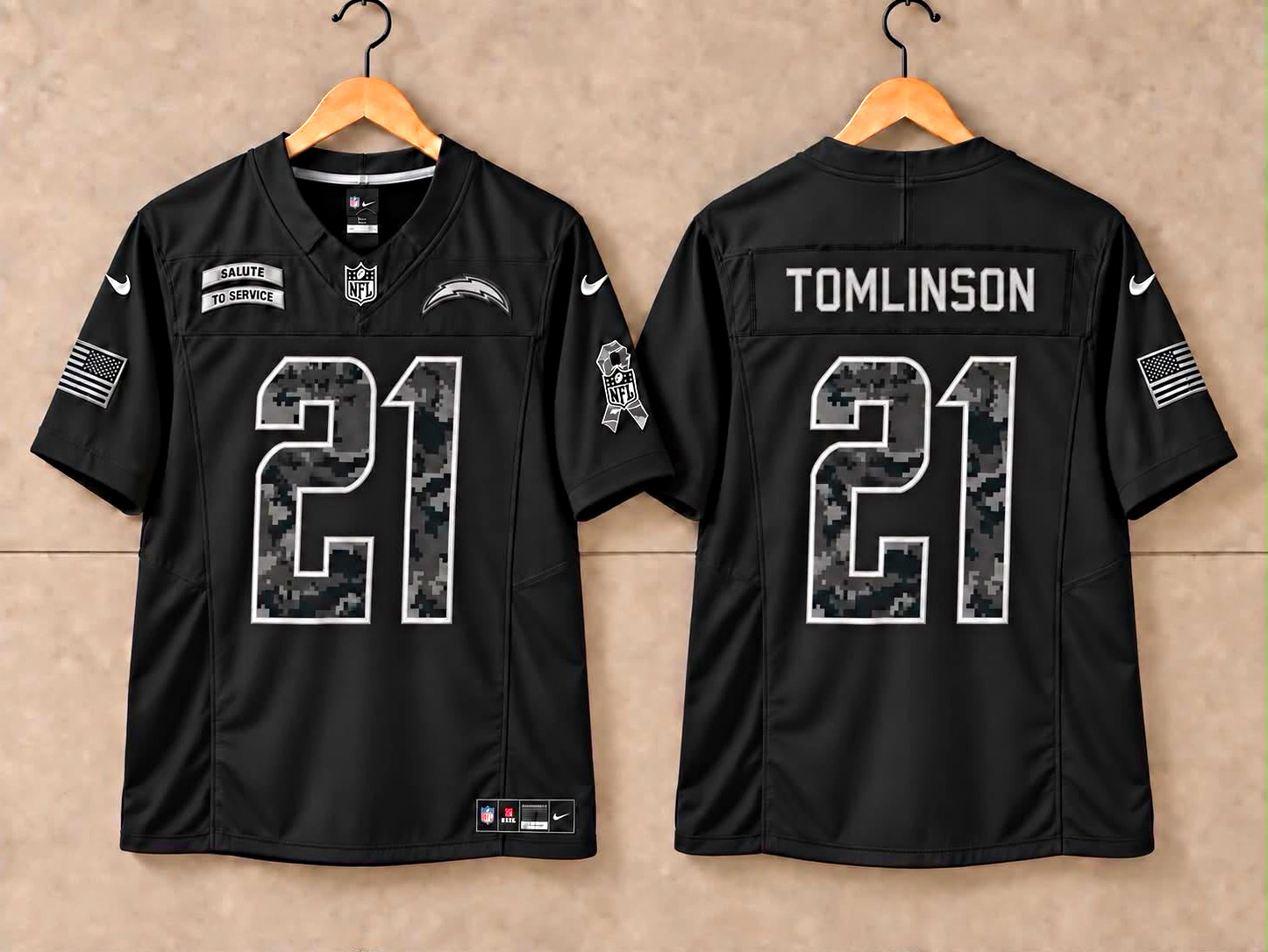 Nike Los Angeles Chargers Tomlinson #21 Salute to Service Jersey Black All Sizes